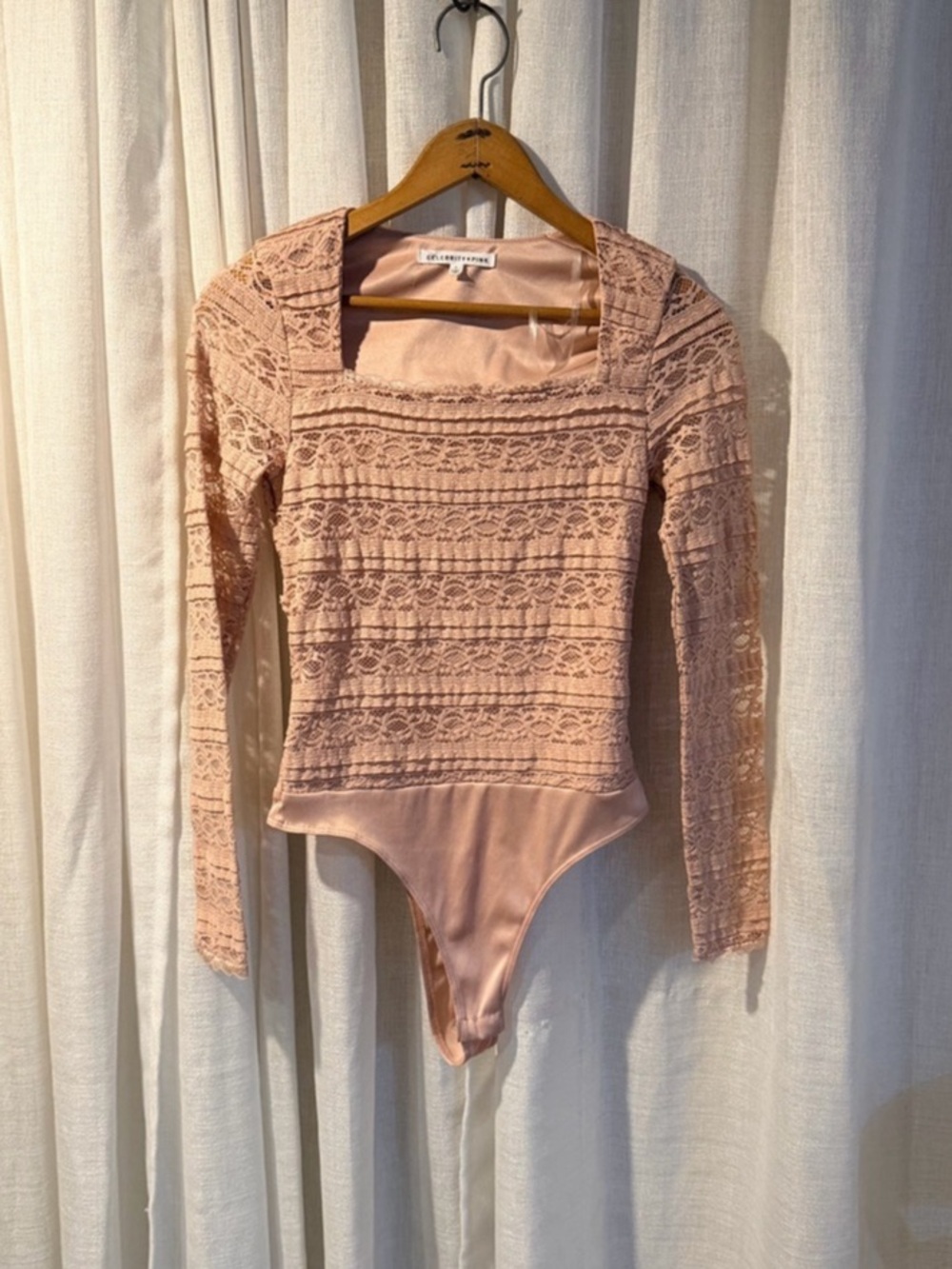 Celebrity Pink Dusty Rose Lace Squareneck Long Sleeve Bodysuit